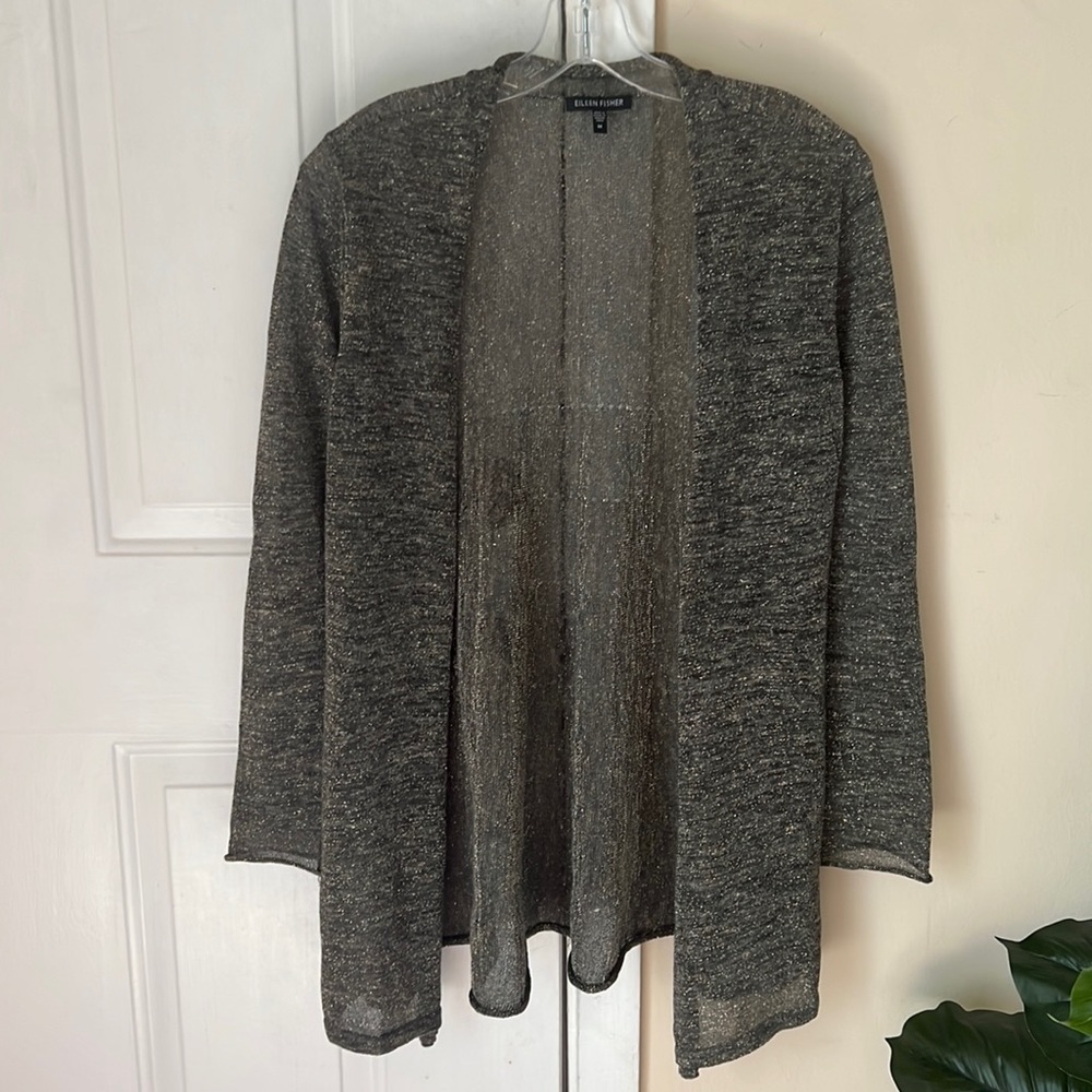 Eileen Fisher Linen Cardigan Gray Metallic Open Front Long Sleeve Eyelet Size M